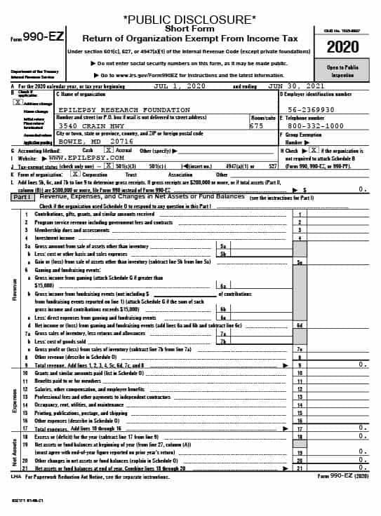 FY 2021 ERF Form 990 EZ Public Disclosure