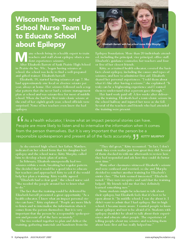 Wisconsin Teen and School Nurse Team Up to Educate School about Epilepsy