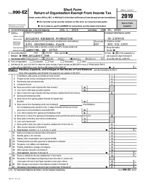 Epilepsy Research Foundation– IRS Form 990 EZ, Return of Organization Exempt from Income Tax (July 1, 2019-June 30, 2020)