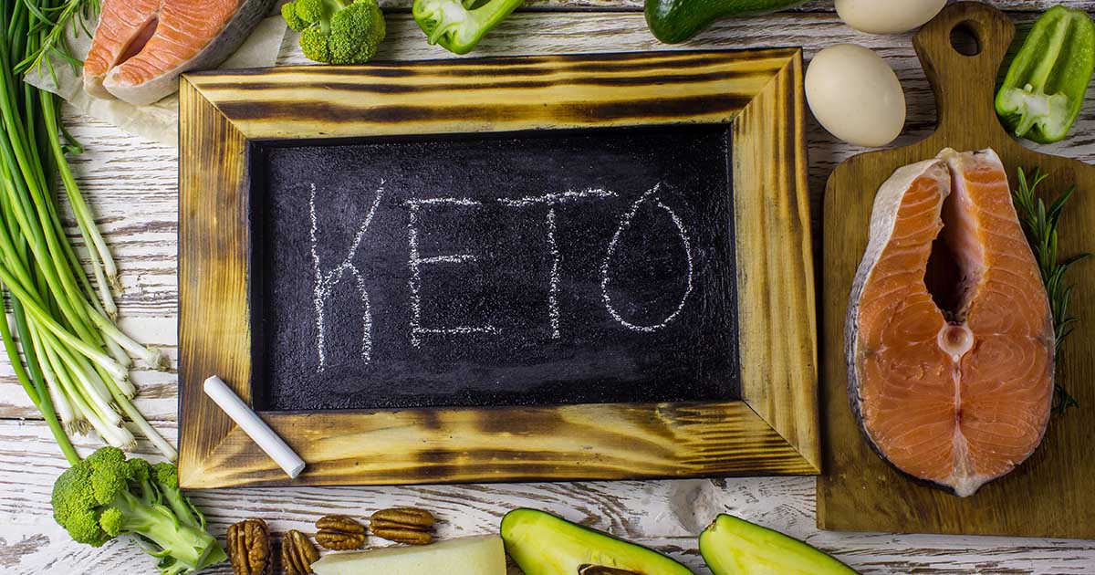 keto written on chalkboard with foods for dietary therapy